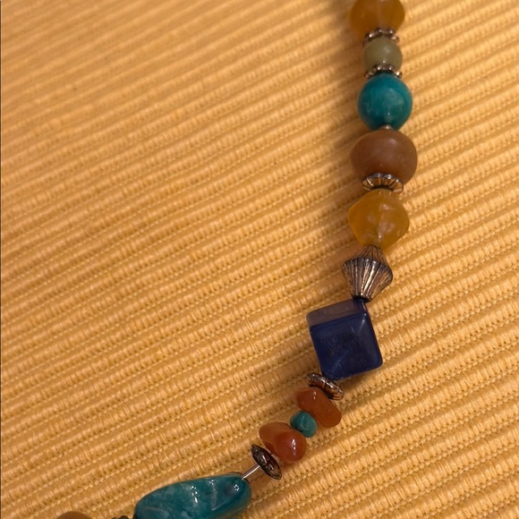 Gold and Blue Necklace with Square Pendant and Beads - Picture 4 of 13
